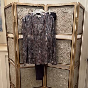 Etcetera Blue  Brown Patterned Blouse w matching blue suede like straight pants